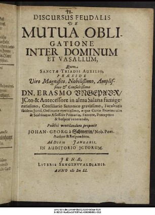Discursus Feudalis De Mutua Obligatione Inter Dominum Et Vasallum