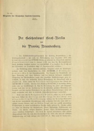 Der Gesetzentwurf Groß-Berlin und die Provinz Brandenburg