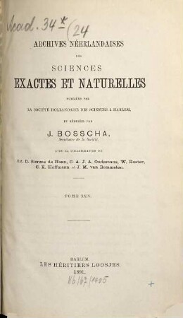 Archives néerlandaises des sciences exactes et naturelles. 24. 1891