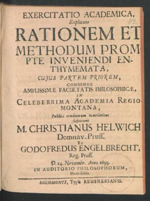 Exercitatio Academica, Explicans Rationem Et Methodum Prompte Inveniendi Enthymemata