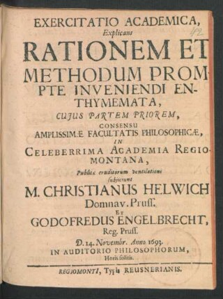 Exercitatio Academica, Explicans Rationem Et Methodum Prompte Inveniendi Enthymemata