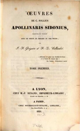 Oeuvres de C. Sollius Apollinaris Sidonius. 1