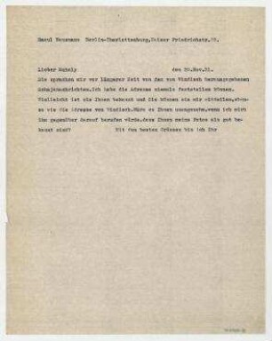 Brief von Raoul Hausmann an László Moholy-Nagy. Berlin