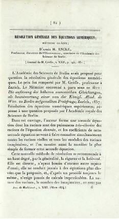 Résolution générale des équations numériques.