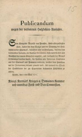 Publicandum wegen der verbotenen Holzkohlen-Ausfuhre : Berlin, den 12ten May 1801