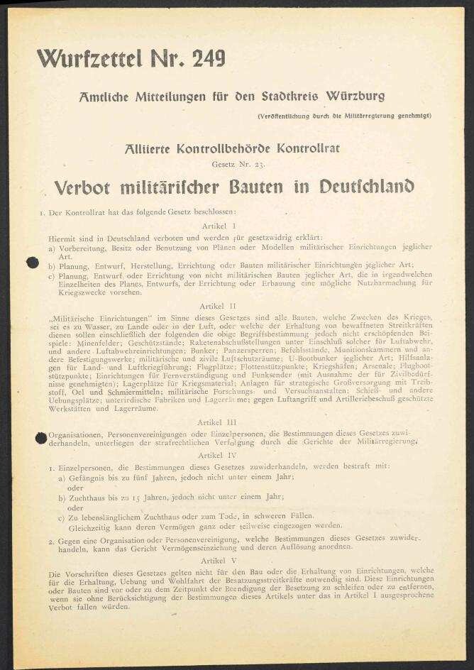 Wurfzettel Nr. 249 Amtliche Mitteilungen für den Stadtkreis
                              Würzburg | Digitalisierung: Stadtarchiv Würzburg