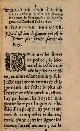 Traicte Svr La Declaration Dv Roy Povr Les Droits de prerogatiue de Monseigneur le Cardinal de Bourbon