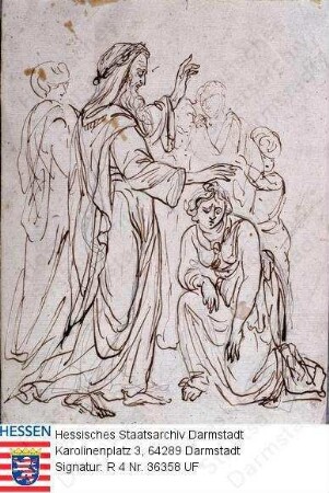 Hill, Friedrich Jakob (1758-1846) / Biblische Szene: Jesus segnet eine vor ihm knieende Frau, im Hintergrund Menschenmenge, Ganzfiguren
