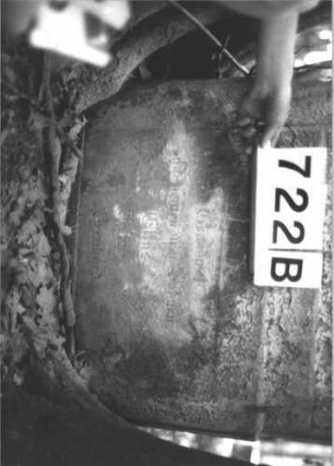 Grabstein 722 (Index: 99900450) Material: Sandstein Zustand: oben und unten völlig, in der Mitte leicht verwittert Maße HxBxT: 160x57x14 cm Beschreibung: Stele mit Konvexbogenabschluss, umlaufender Rahmen mit Zackenfries, im Bogenfeld Blatt- und Blütenornamente, Inschrift oben durch Rundbogenfries begrenzt Symbolik: Blätter, Blüten, Zackenfries, Rundbogenfries: Grabstein 722B