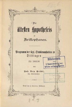 Die ältesten Hypotheseis zu Aristophanes
