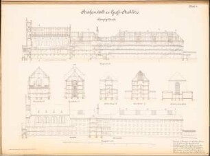 Gefängnis, Groß-Strehlitz: Hauptgebäude: Längsschnitt, 5 Querschnitte, Seitenansicht Nordseite 1:250