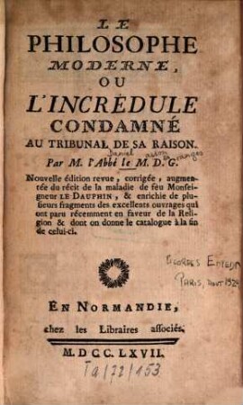 Le philosophe moderne, ou l'incrédule condamné au tribunal de sa raison