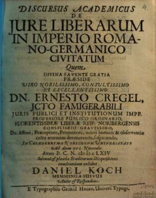 Discursus Academicus De Iure Liberarum In Imperio Romano-Germanico Civitatum