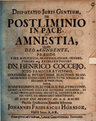 Disputatio Juris Gentium, De Postliminio In Pace, Et Amnestia