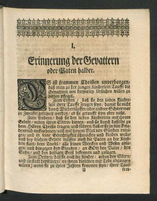 I. Erinnerung der Gevattern oder Paten halber