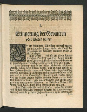 I. Erinnerung der Gevattern oder Paten halber