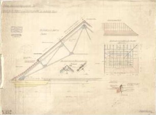 Fischer, Theodor; Stuttgart; Kunstausstellungsgebäude - 1. Variante - Oberlicht - bezw. Dachkonstruktion über dem Ecksaal Nordost (Grundriss, Ansicht,Querschnitt, Schnitte)