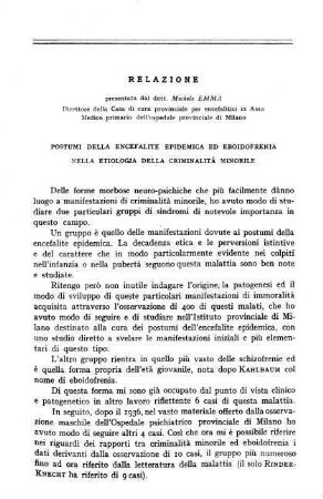 115-134, Relazione: Postumi della encefalite epidemica ed eboidofrenia nella etiologia della criminalità minorile