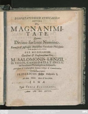 Disputationum Ethicarum Septima De Magnanimitate