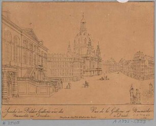 Der Neumarkt in Dresden nach Osten, links die Gemäldegalerie (Stallgebäude, Johanneum), mittig die Frauenkirche