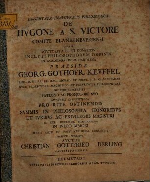 Dissertatio inavgvralis De Hvgone a S. Victore, Comite Blankenburgensi