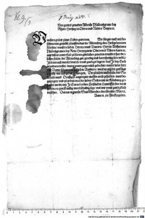 Von gottes genaden Albrecht Pfallnntzgrave bey Rhein, Hertzog in Obern und Nidern Bayrn [et]c. (U)nnsern grues zuvor ... Wir füegen euch ... zuwissen, das der Allmechtig ... unnsern ... Vattern ... zu seinen göttlichen genaden ervordert hat ... Ist demnach unnser ... begern, das ... unnser ... Vatter seliger ... besungen ... werde ...