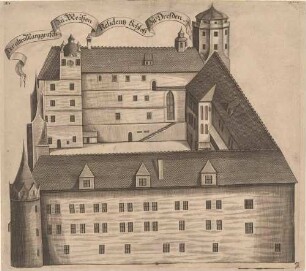 Die gotische Burg, Vorgängerbau des heutigen Residenzschlosses in Dresden, Nahsicht aus halber Vogelperspektive von der Schlossstraße aus, Blatt aus der Weckschen Chronik von 1679/1680