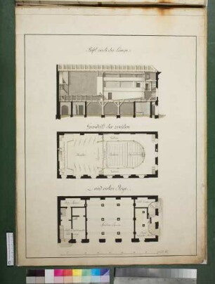 Entwurf für ein neues Schauspielhaus in Stettin Längsschnitt, Grundriß Erdgeschoß, Grundriß Obergeschoß. Mit Teilgrundrissen der Logen und des Mezzaningeschosses.