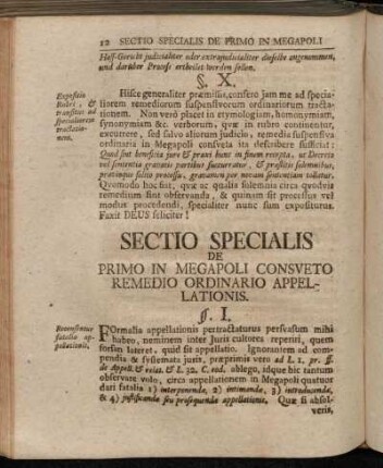Sectio Specialis de Primo in Megapoli Consueto Remedio Ordinario Appellationis.