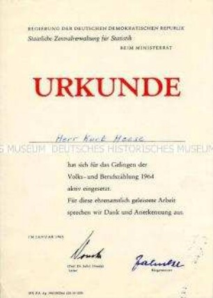 Urkunde für die Mitarbeit bei der Volkszählung 1964