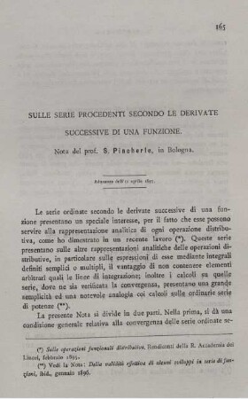 Sulle serie procedenti secondo le derivate succesive di una funzione.