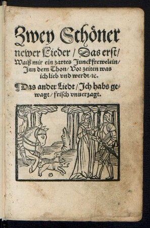Zwey Schœner || newer Lieder/ Das erst/|| Waiß mir ein zartes Junckfrewelein/|| Jnn dem Thon/ Vor zeiten was || ich lieb vnd werdt/ [et]c.|| Das ander Liedt/ Jch habs ge=||wagt/ frisch vnuerzagt.||