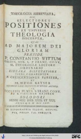 Theologia Abbreviata, Seu, Selectiores Positiones Ex Universa Theologia Discerptae