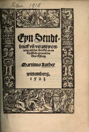 Eyn Sendtbrieff vn[d] verantworttung etzlicher Artickel, an ein Christliche gemain der Stat Eßling