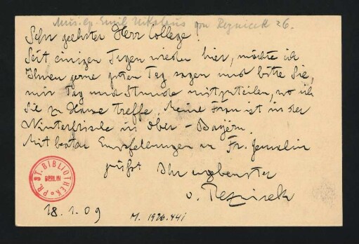 Postkarte an Jean Paul Ertel : 18.01.1909