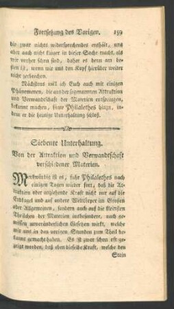Siebente Unterhaltung. Von der Attraktion und Verwandtschaft verschiedener Materien.