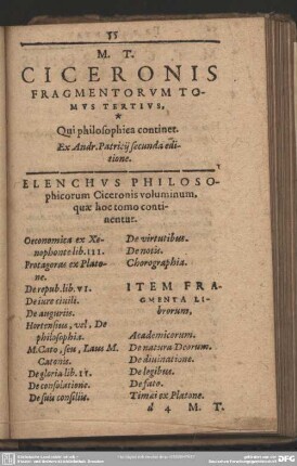 M. T. Ciceronis Fragmentorum Tomus Tertius
