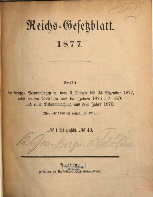 Reichsgesetzblatt. 1877