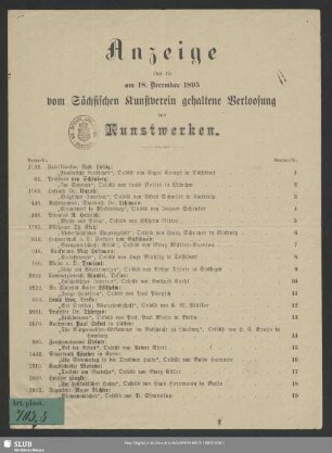 1895: Anzeige über die am ... vom Sächsischen Kunstverein gehaltene Verlosung von Kunstwerken