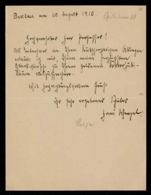 Brief von Hans Wenzel an Otto von Gierke, Breslau, 20.8.1910