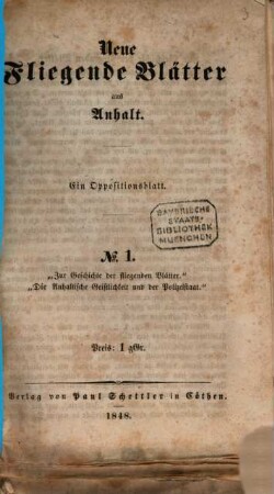 Neue fliegende Blätter aus Anhalt : ein Oppositionsblatt, 1848, Nr. 1 - 12