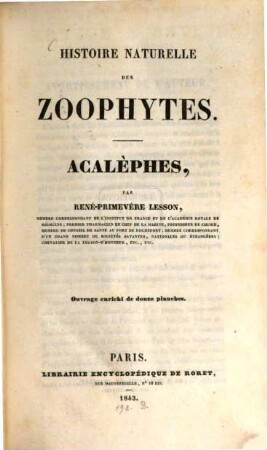 Histoire naturelle des zoophytes : acalèphes