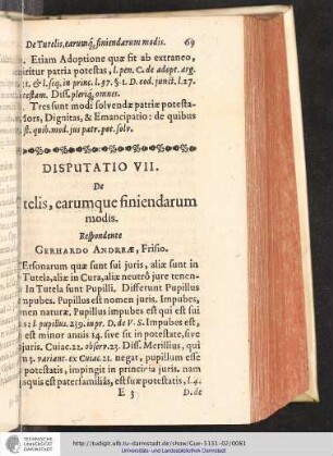 Disputatio VII. De Tutelis, earumque finiendarum modis