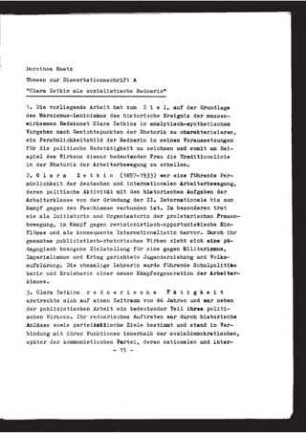 Clara Zetkin als sozialistische Rednerin : Thesen zur Dissertationsschrift A