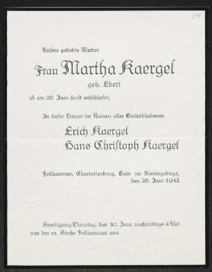 Brief von Hans Christoph Kaergel und Erich Kaergel an Gerhart Hauptmann