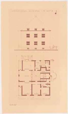Umbau eines Landhauses Monatskonkurrenz Februar 1933: Grundriss Erdgeschoss (= 1. Obergeschoss), Aufriss Straßenansicht (Ostansicht) 1:100