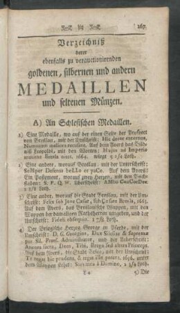 Verzeichniß derer ebenfalls zu verauctionirenden goldenen, silbernen und andern Medaillen und seltenen Münzen