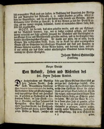 Kurzer Bericht von Ankunft, Leben und Absterben des seel. Herrn Johann Arndts.