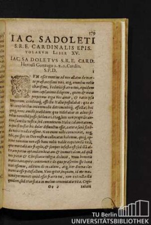Iac. Sadoleti S.R.E. Cardinalis Epistolarum Liber XV. Iac. Sadoletus S.R.E. Card. Herculi Gonzagae S.R.E. Cardin. S.P.D.