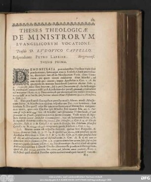 Theses Theologicae De Ministrorum Evangelicorum Vocatione. Praeside D. Ludovico Cappello. Respondente Petro Labesse. Bergeracensi.